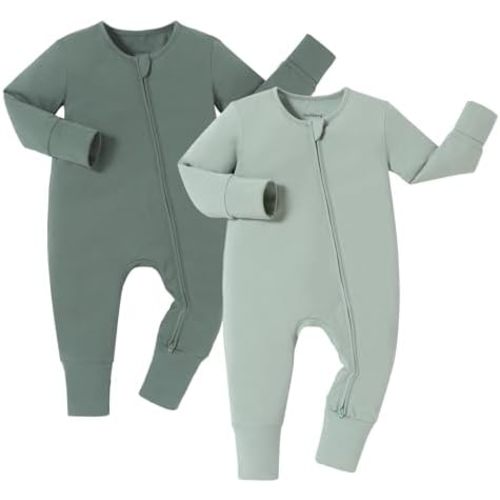 JunNeng 100% Cotton 2Pack Baby Boy Zipper Romper Long Sleeve Baby Pajamas with Mitten Cuffs One Piece 0-18 Months