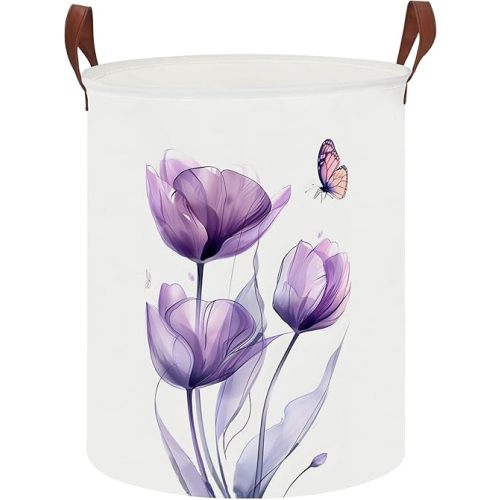 CLOCOR Large Laundry Basket,Waterproof Nursery Hamper,Collapsible Fabric Storage Container,Toys Bin,Room Decor,Gift Basket(Purple Watercolor Flower