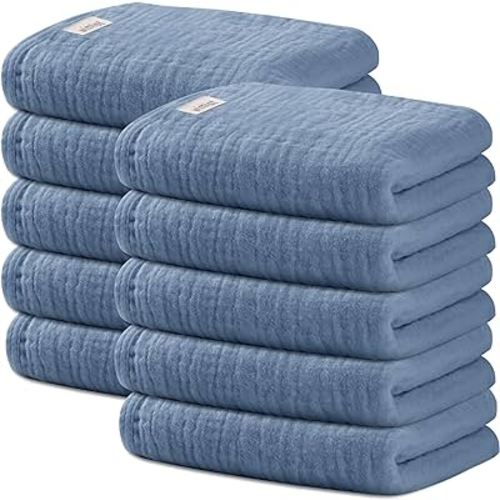 Wimist 10 Pack Baby Washcloths, Baby Muslin Washcloths, Wash Cloths for Baby, Baby Face Cloths, Suitable for Newborns, Children, 10 x 10 inches (Blue)
