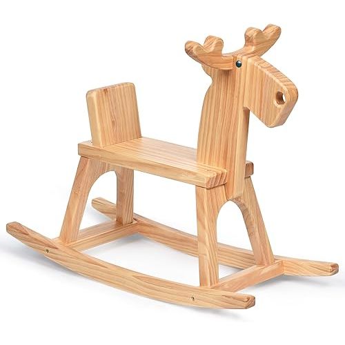Kid Wooden Rocking Horse, Baby Ride On Toy Rocker for Toddler, Rocking Reindeer w/backrest Ideal Birthday Christmas/Birthday Gift for Boys & Girls (Natural)