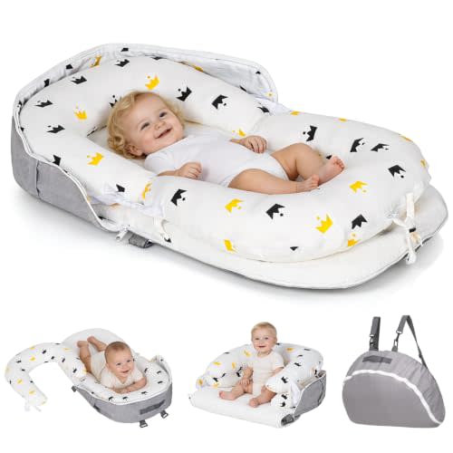 4-in-1 Baby Lounger for Newborns 0-24 Months, Portable & Foldable | Soft Breathable Infant Support Cushion for Diaper Changing, Tummy Time, Sitting & Play, Machine Washable Cover, White Crown