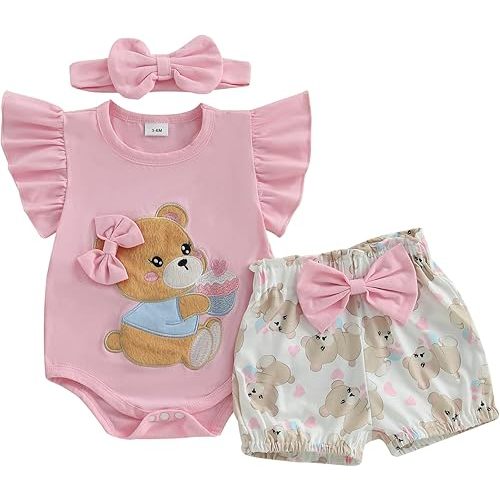 Newborn Baby Girl Summer Clothes Bow Bear Ruffle Sleeveless Romper Bodysuit Jumpsuit Tops Shorts Set Infant Outfit
