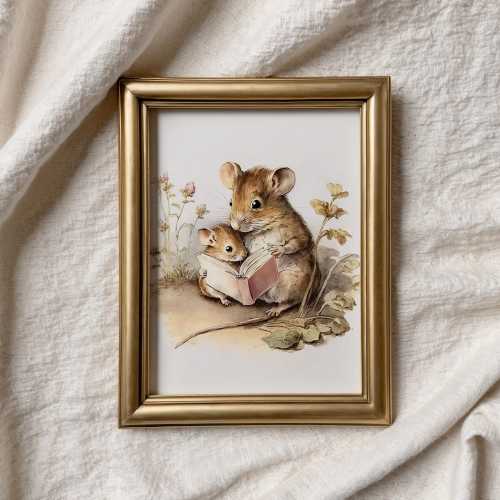 Field Mouse Wall Art, Reading Wall Art, Woodland Nursery Decor, Cottagecore Nursery Print