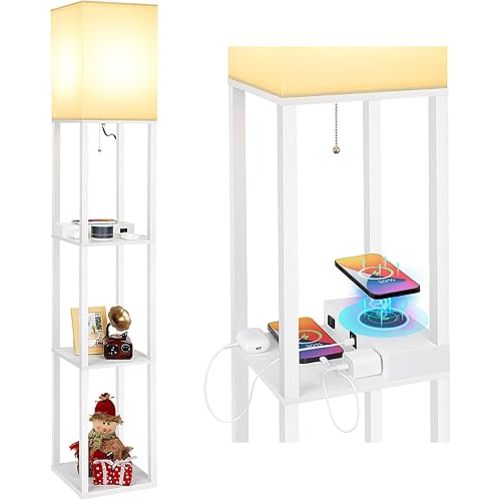 Mlambert Modern Shelf Floor Lamp with Wireless Charger & Fast Charging USB Ports & Type C Port & 2 Power Outlets,3 Tier Storage Lamp for Bedroom,White