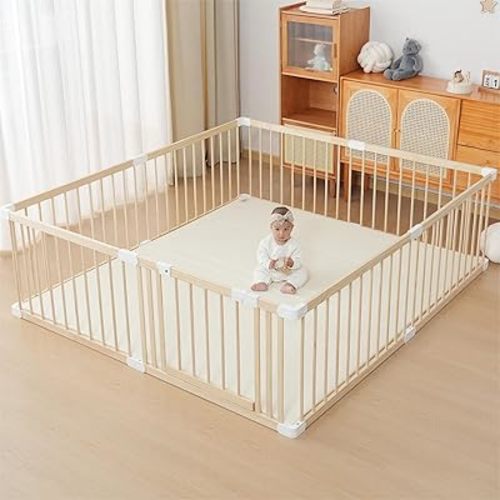 Baby Playpen Wooden Fence Large With Door Gate, for Babies and Toddlers, Changeable & Expandable (63x71x24 in)