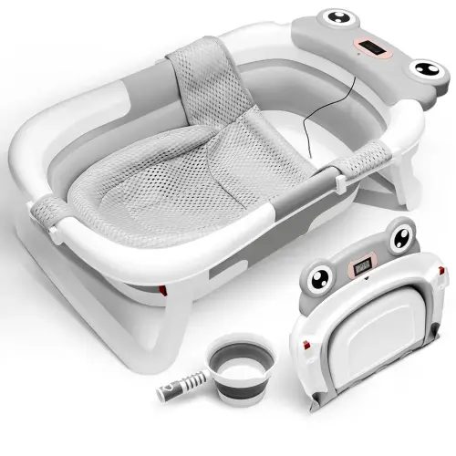JTCosas Collapsible Baby Bathtub with Thermometer, Detachable Mesh Seat, Water Scooper, and Travel Bag - Portable and Foldable Baby Bath for Babies and Toddlers