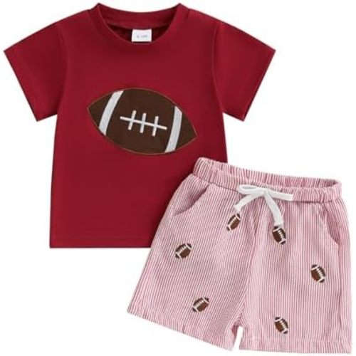 FYBITBO Toddler Baby Boy Football Outfit Short Sleeve Rugby Embroidery Tshirt Tops Striped Shorts Set Summer Game Day Clothes