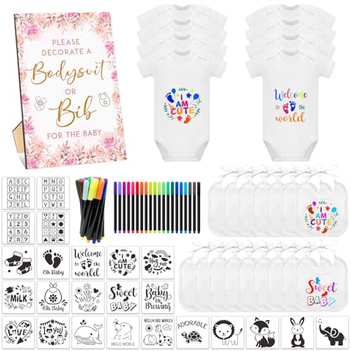 SytuHete 69 Pcs Baby Bib Bodysuit Baby Shower Set Baby Shower Game Sign Baby Feeder Bib Newborn Bodysuit Fabric Marker