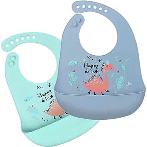 Silicone Bibs for Babies and Toddlers 2 Sets Feeding Bibs for Boy and Girl, Adjustable Soft Waterproof Bibs