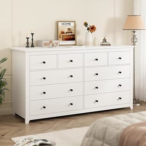 EnHomee White Dresser, Dresser for Bedroom with 10 Wood Drawers Dressers & Chests of Drawers with Smooth Metal Rail, Wide Storage Dressers Organizer for Hallway, Bedroom, 52.2W*15.8" D*35.8" H