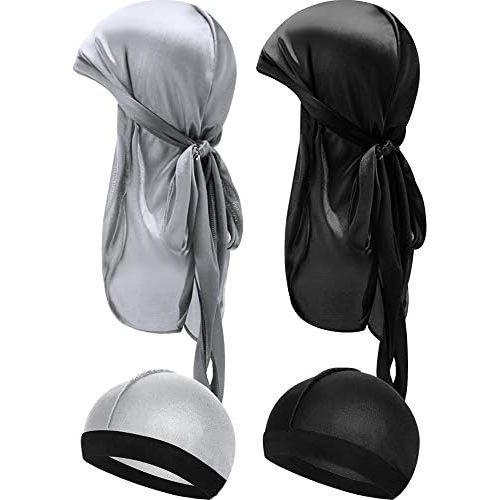 4 Pieces Kids Silky Durag with Wave Caps Set Unisex Baby Durags Long Tail and Wide Strap Headwraps Turban Beanies