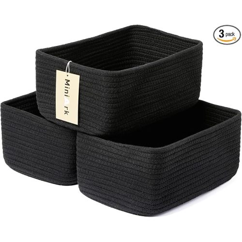 MiniArk Small Storage Baskets for Organizing | Closet Organizer Bins | Shelf Toy Basket | Woven Rope Baskets | Cube Decorative Box | Shallow Basket | 11.5x7.5x4.7” | 3 Packs Black