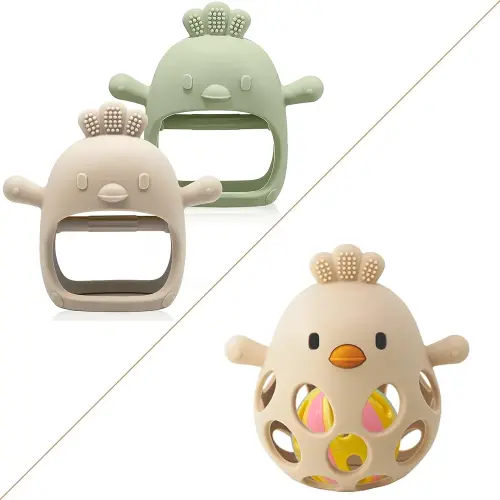 Baby Teething & Rattle Toy Set for Over 3 Months, Food Grade Silicone Teething Mitten and Rattle Teething Toy