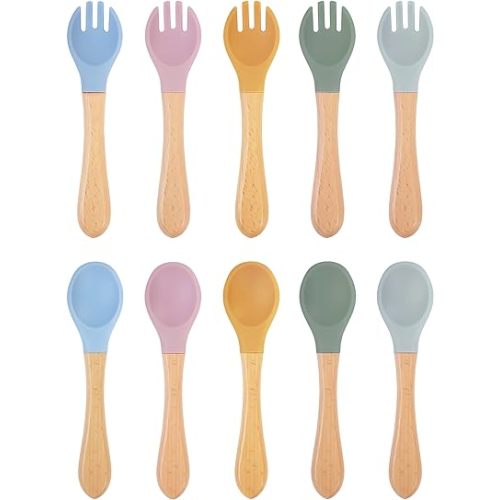 10 pcs Baby Spoons and Forks, First Stage Baby Led Weaning Spoons, Chewable Baby Utensils for Self-Feeding, Bamboo and Silicone Baby Utensils, Kids Utensils for Over 6 Months Babies
