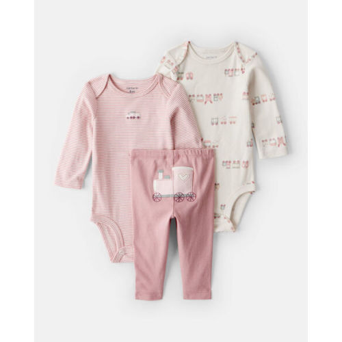 Baby Girl 3-Piece Train Print Long-Sleeve Bodysuit & Pant Set - Pink - Carter's | Carter's