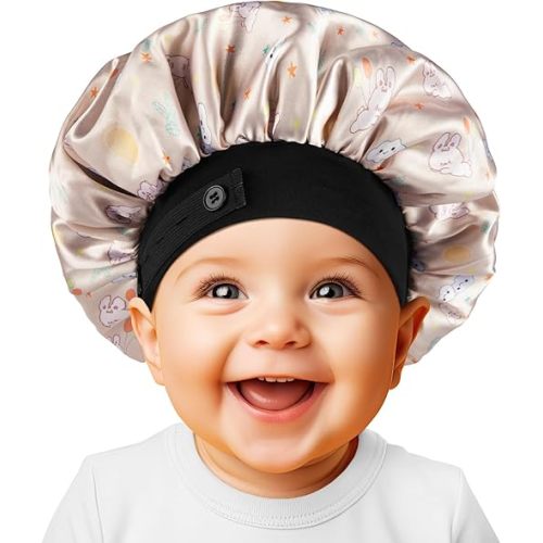 Baby Bonnet, Soft Silk Satin Bonnet for Girls Boys Infant, Double Layer & Wide Elastic Band Kids Sleeping Cap, Adjustable Night Hat for Toddler Child Natural Hair Curly Hair, Champagne Bunny