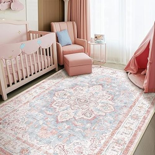 Machine Washable Rugs Nursery Rug 5x7 Cute Girl Non Slip Low Pile Water Repellent Soft Print Pattern for Bedroom Indoor Decor Kids Playroom Pinkblue