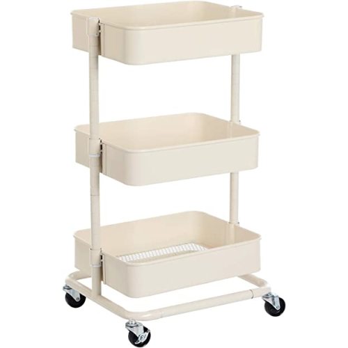 SONGMICS 3-Tier Metal Rolling Cart, Utility Cart, Kitchen Cart with Adjustable Shelves, Storage Trolley with 2 Brakes, Easy Assembly, for Kitchen, Office, Bathroom, Beige UBSC60WT