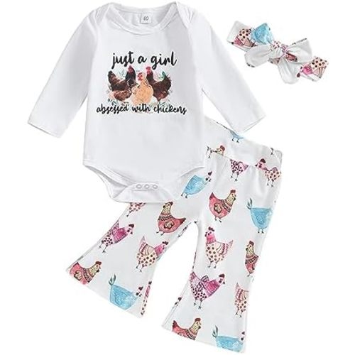 Chicken Baby Clothes Baby Girls Funny Letter Romper Chicken Fabric Flare Trousers Heaband Set Country Farm Baby Stuff