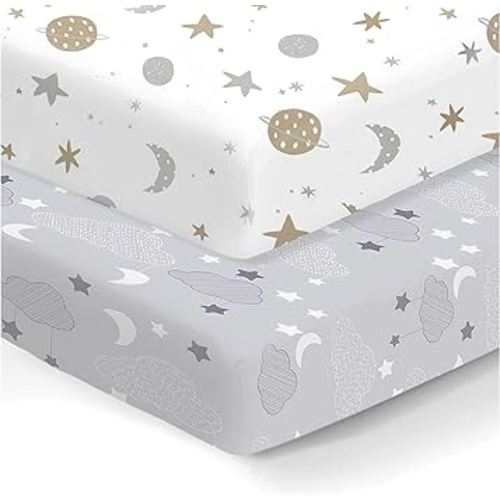 100% Organic Cotton Fitted Mattress Sheets for Graco Pack n Play, Babyletto, Pamo Babe, Dream on Me, Evenflo, Baby Trend Portable/Mini Crib/Playards, and Beka Bedside Bassinet 2 Pk Space & Sky