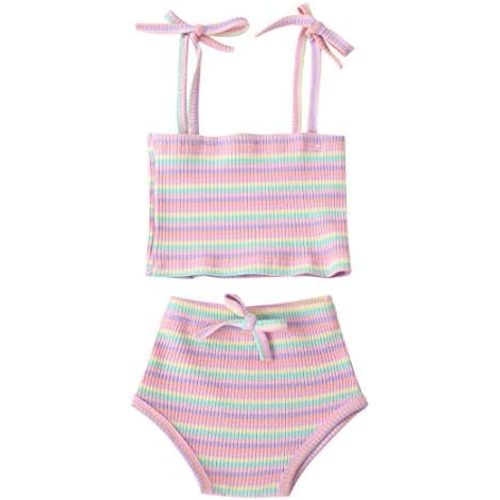 MODNTOGA Newborn Toddler Baby Girls Summer Clothes Set Rainbow Outfits Sleeveless Halter Tank Top Striped Shorts Pants