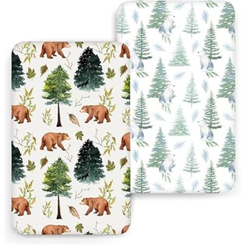 ACRABROS Crib Sheets for Girl Boy: Stretchy Baby Fitted Crib Mattress Sheets Sets 2 Pack Standard Size Ultra Soft Neutral, Bears &Forest