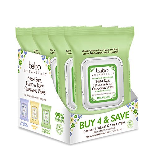 Babo Botanicals Swim & Sport 3-in-1 Face, Hand & Body Cleansing Wipes - with Natural Cucumber & Aloe Vera, Cucumber Aloe - For Babies, Kids or Extra Sensitive Skin - 120 ct. (4-Pack)