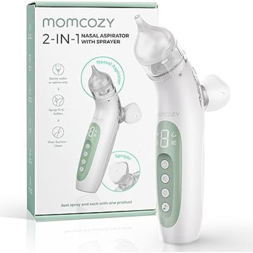 Momcozy Nasal Aspirator for Baby, Innovative 2-in-1 Electric Nose Suction with Spray, 65kPa Nose Sucker with 4 Adjustable Suction Levels,Portable Electric Nose Cleaner,Light & Music Soothing Functions