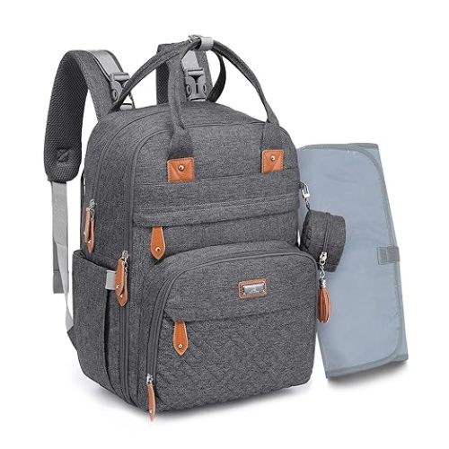 BabbleRoo Diaper Bag Backpack - Multi function Waterproof Diaper Bag, Travel Essentials Baby Tote with Changing Pad, Stroller Straps & Pacifier Case - Unisex, Dark Gray - Polyester