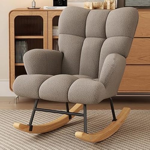Glider Rocking Chair Nursery, Comfy Accent Chair Armchair with High Backrest Teddy Soft Upholstered Living Room Chairs for Reading Bedroom Living Room Home Offices Nursery (Khaki)