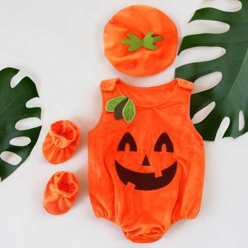 60 cm - Halloween Pumpkin Hooded Romper for Babies - Sleeveless Outfit with Socks