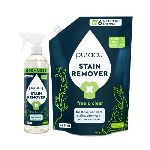 Puracy Stain Remover Cleaning Spray - Enzyme-Powered Stain Remover Spray As Seen on TikTok, Natural Travel Stain Remover for Clothes (Free & Clear, 48 fl oz + 16 fl oz)
