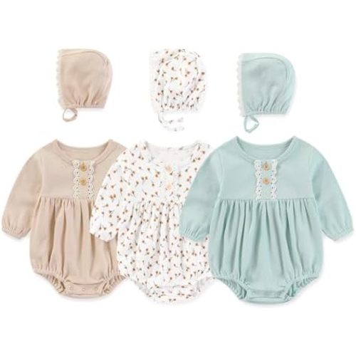 Newborn Baby Girl Clothes Cotton Bubble Rompers Infant Outfit Floral Long Sleeve Bodysuit, 3 Pack
