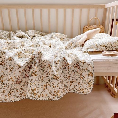 BuLuTu 4 Layer Toddler Blanket 100% Cotton Muslin Bed Blankets for kids,Girls,Boys, with Cute Hibiscus Flowers Pattern Lightweight Thermal Baby Blanket, Super Soft Warm Crib Blanket, 47x51’’