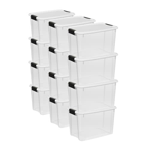 Sterilite 12-Pack Stackable Storage Bin with Lid, Clear Plastic Design, 30 Quart