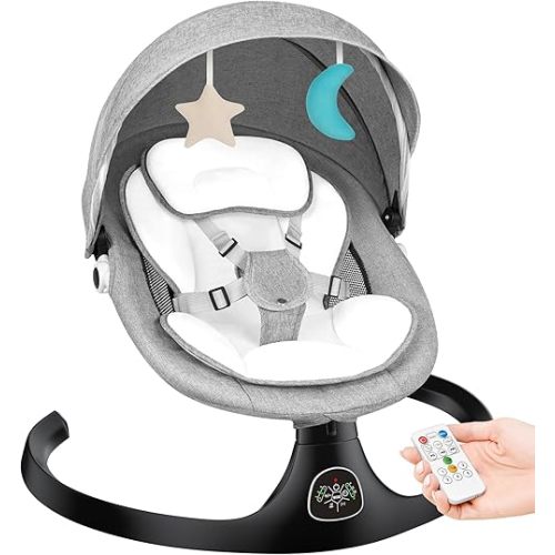 Electric Baby Swing for Infants Portable Baby Bouncer Rocker with 5 Speeds, 10 Lullabies Music Remote Control Indoor & Outdoor Use