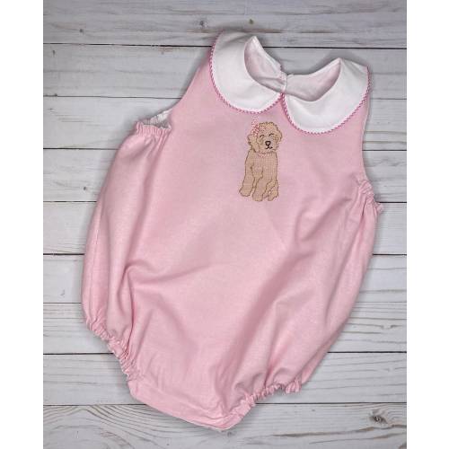 FRANCES baby girls vintage style classic linen baby bubble with vintage stitch golden doodle puppy dog embroidery bloomer and bib bundle (12-18months)