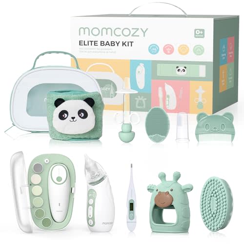 Momcozy Elite Baby Kit, Superior Baby Shower&Registry Essential Kit for Grooming & Health & Cleansing Care, Electric Nail File&Nasal Aspirator, Tummy Wrap, Thermometer, Bath Brush,Teether, Storage Bag