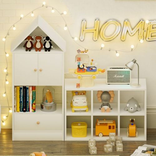 Fontoi Decorative Bookshelf, Bookshelf With Adjustable House-shaped Design, Toy Cabinet For Kids' Bedroom Nursery, White, 11.81"*42.5"*48.8"