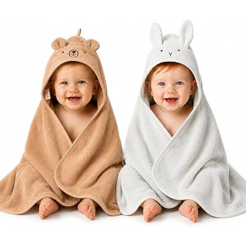 Huxie Hooded Baby Towels – 100% Organic Cotton Baby Bath Towels – Baby Boy Newborn Essentials - Super-Soft and Absorbent. (2-Pack Rabbit Pearl Grey and Bear Natural)