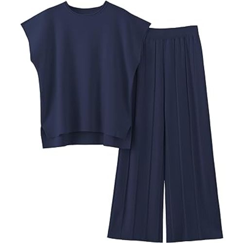 Women Knit 2 Piece Sweater Sets Pullover Tops High Waist Wide Leg Pants Lounge Set