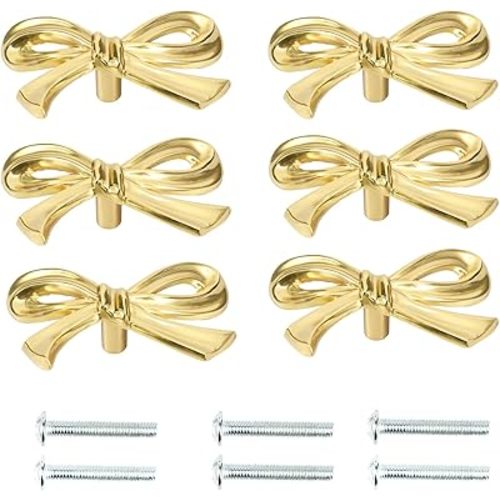 6Pcs Bow Cabinet Knobs Gold Drawer Pulls Decorative Brass Bow Shape Cabinets Handle Vintage Bow Dresser Knobs, Cabinet Hardware Cupboard Dresser Wardrobe and Drawer Pulls