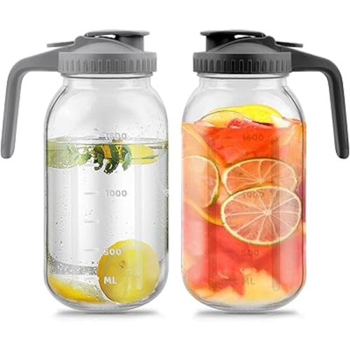 64 Oz Glass Pitcher with Lid 2 Pack, 2 Quart Heavy Duty Cold Brew Pitcher, Leak-Proof, Wide Mouth Mason Jar with Pouring Airtight Lid,Ideal for Fridge Storage(pack of 2)