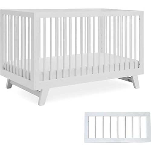 3-in-1 Astin Convertible Baby Crib - Wooden Baby Crib, Grows with Your Baby, Converts to Toddler Bed & Day Bed, 4 Adjustable Support Base Height (White with Guard Rail)