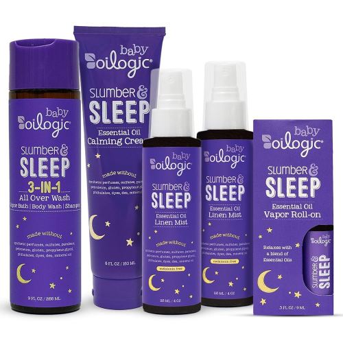 Oilogic Slumber & Sleep Bath Baby Essentials Gift Set - Includes All Over Wash, Calming Cream, Sleep Spray & Roll-On Essential Oils - Pediatrician-Tested Sleep, Comfort & Wellness Blends for Babies