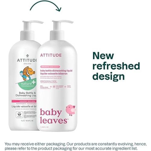 ATTITUDE Baby Dish Soap and Bottle Cleaner, EWG Verified Dishwashing Liquid, No Added Dyes or Fragrances, Tough on Milk Residue and Grease, Vegan, Unscented, 33.8 Fl Oz