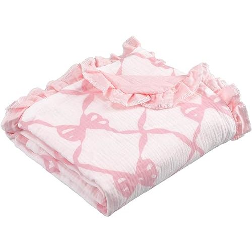 Oudain Pink Bow Flounce Muslin Baby Blankets, Lace Cotton Crib Blanket for Baby Infant Toddler, Soft and Lightweight Nursery Blankets 40"x35"