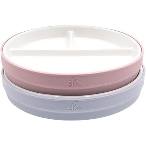 Elk and Friends Kids 6.7” Porcelain White Plates with Silicone Sleeves | Divided Plates | Suitable for Kids/Toddlers | Microwave & Dishwasher Safe | Non Slip | Snack Dishes
