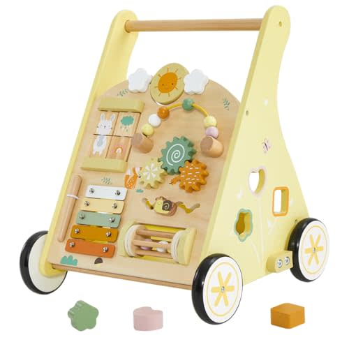 labebe Wooden Baby Walker, Push Walker for Baby Boys and Girls with Activity Center, Montessori Walker Push Toy for Toddler Learning to Walk