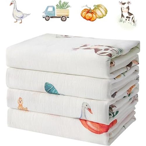 Muslin Swaddle Blankets for Newborn, 4-Pack Breathable Receiving Baby Blanket, Large 47 x 47 Inches Swaddling Wrap for Boys and Girls (Farm Life)
